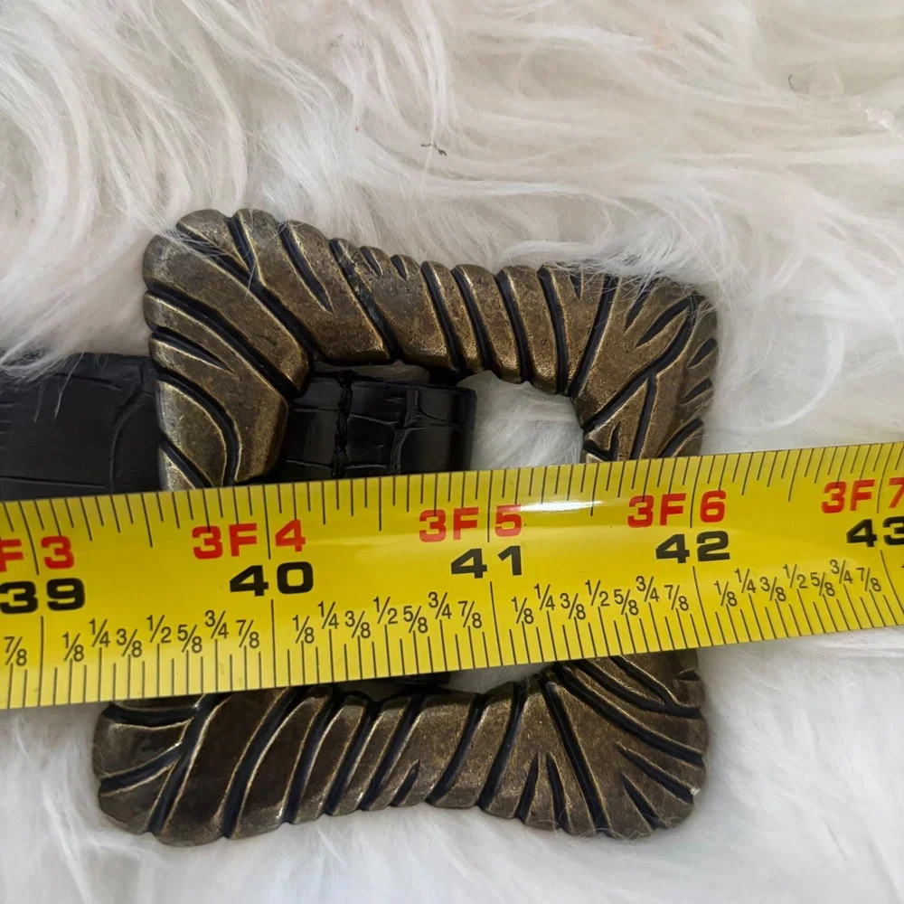 Adrienne Landau Studio Black Croc‎ Embossed Leather Belt Bronze Buckle Size L